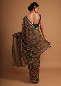 Forest green georgette saree with floral jaal embroidery
