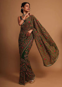 Forest green georgette saree with floral jaal embroidery