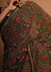 Forest green georgette saree with floral jaal embroidery