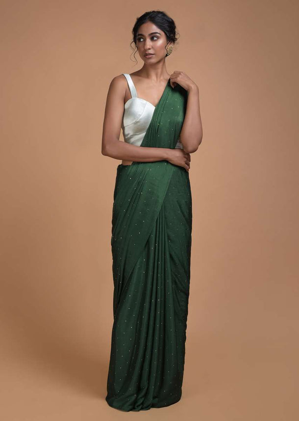 Forest Green Saree In Chiffon With Badla Work All Over Online - Kalki Fashion