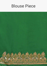 Forest Green Saree In Georgette With Brocade Woven Mesh And Bandhani Design