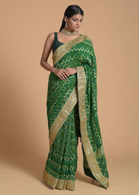 Forest Green Saree In Georgette With Brocade Woven Mesh And Bandhani Design