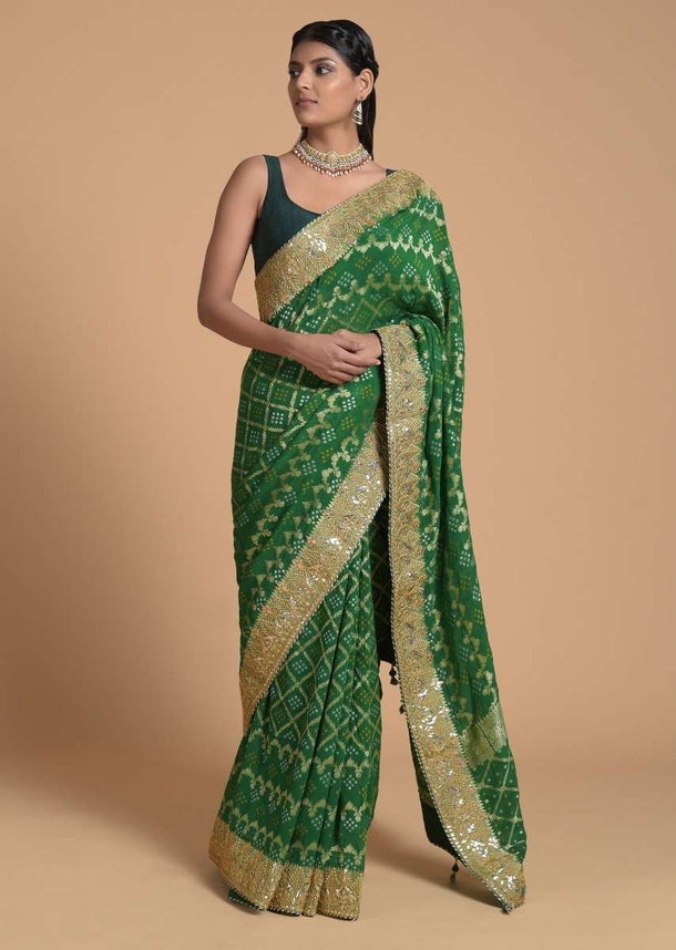 Forest Green Saree In Georgette With Brocade Woven Mesh And Bandhani Design