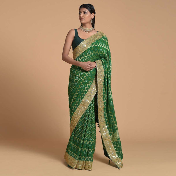 Forest Green Saree In Georgette With Brocade Woven Mesh And Bandhani Design