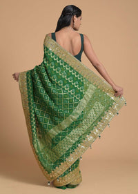 Forest Green Saree In Georgette With Brocade Woven Mesh And Bandhani Design