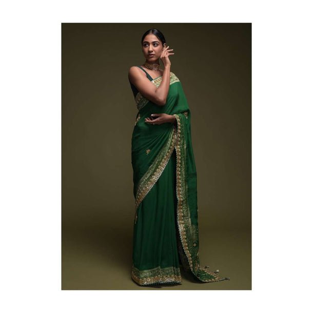 Forest Green Saree In Crepe Silk Blend With Gotta Patti Embroidered Buttis And Woven Border
