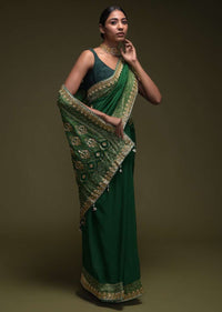 Forest Green Saree In Crepe Silk Blend With Gotta Patti Embroidered Buttis And Woven Border