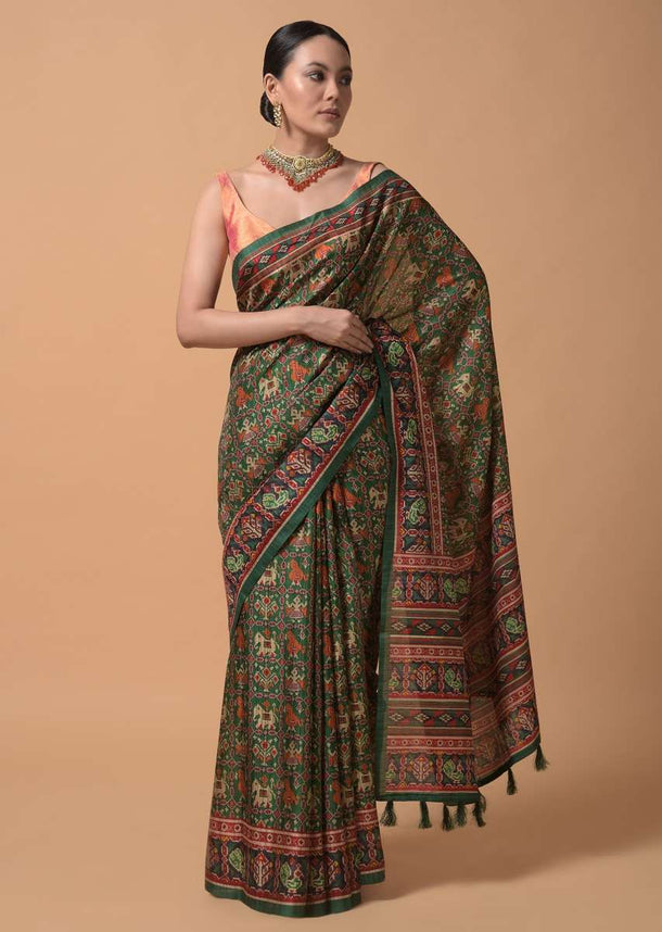 Forest Green Saree In Silk With Printed Patola Jaal Online - Kalki Fashion