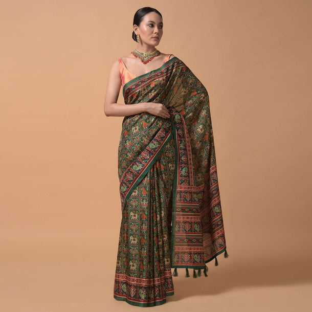 Forest Green Saree In Silk With Printed Patola Jaal Online - Kalki Fashion