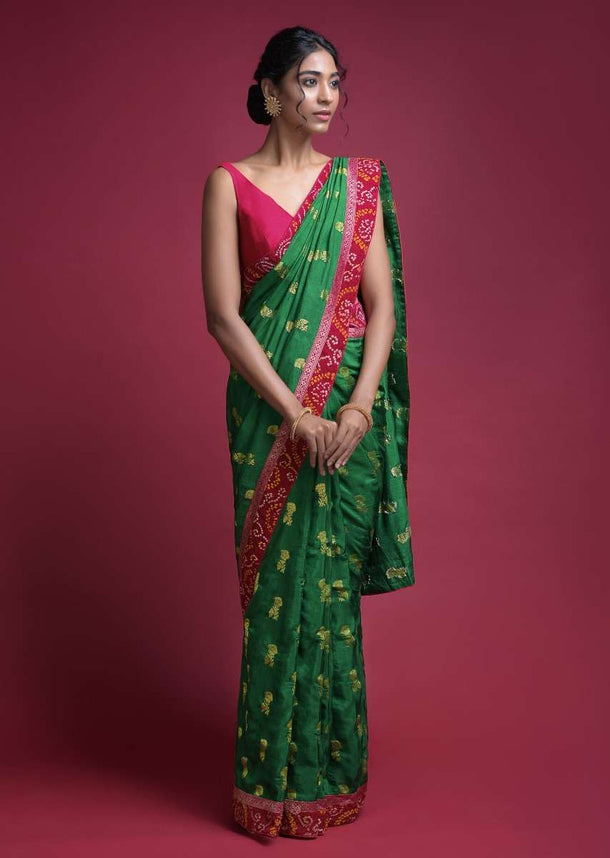 Forest Green Saree In Silk With Weaved Floral Buttis And Bandhani Printed Border Online - Kalki Fashion