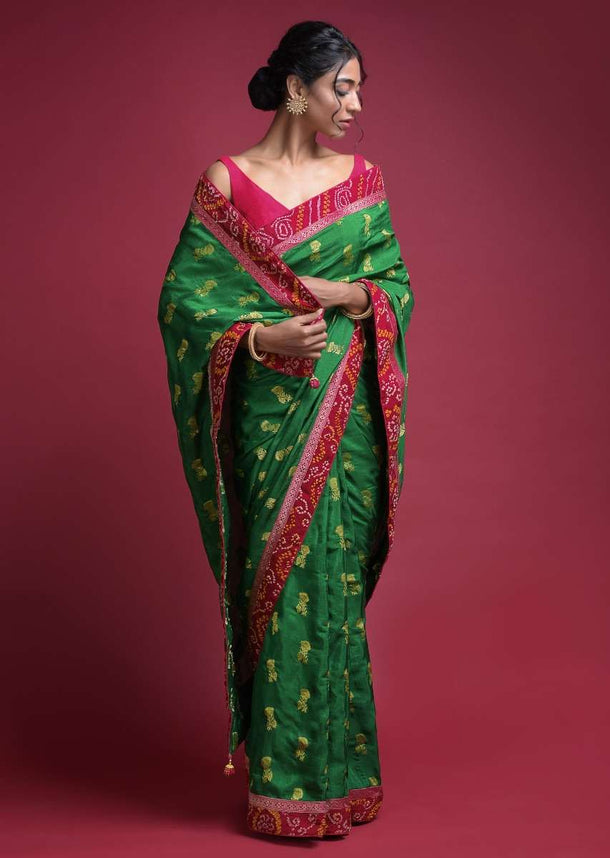 Forest Green Saree In Silk With Weaved Floral Buttis And Bandhani Printed Border Online - Kalki Fashion