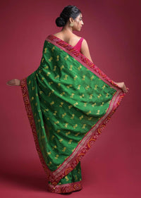 Forest Green Saree In Silk With Weaved Floral Buttis And Bandhani Printed Border Online - Kalki Fashion