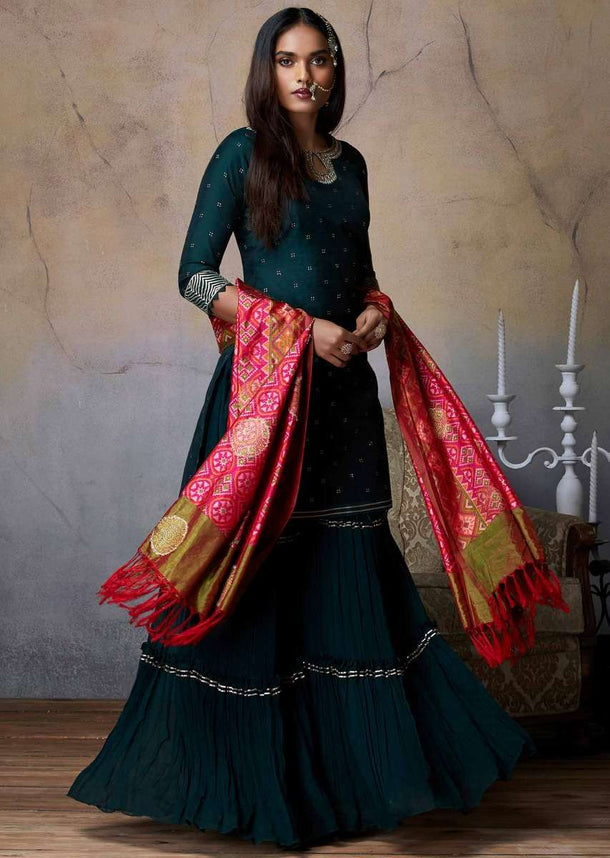 Forest Green Sharara Suit With Badla Work And Magenta Patola Printed Dupatta