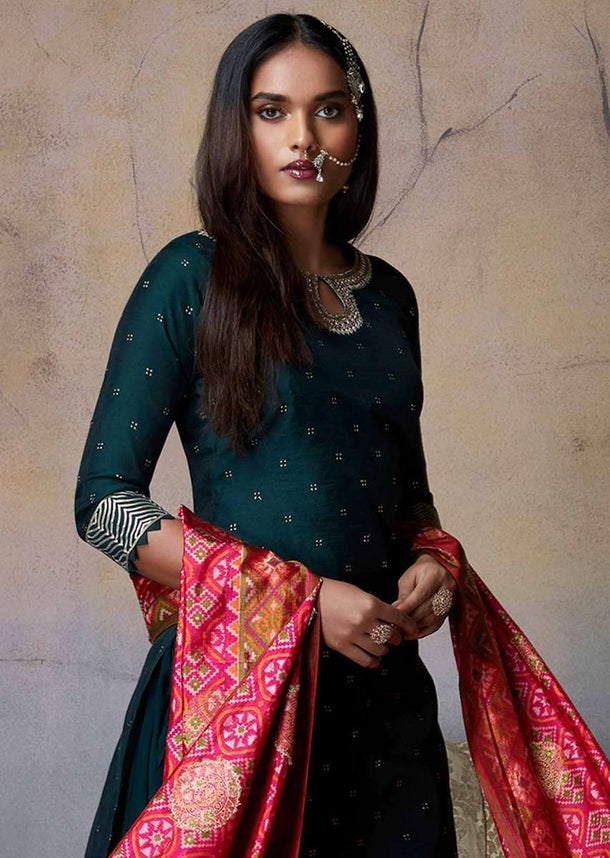 Forest Green Sharara Suit With Badla Work And Magenta Patola Printed Dupatta