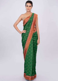 Forest green silk saree with red bandhani printed pallo only on kalki