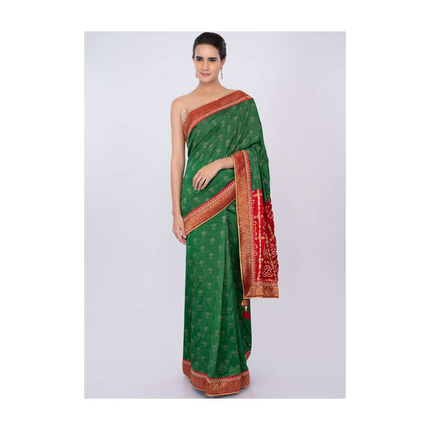 Forest green silk saree with red bandhani printed pallo only on kalki