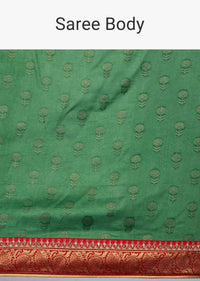 Forest green silk saree with red bandhani printed pallo only on kalki