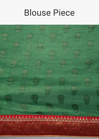 Forest green silk saree with red bandhani printed pallo only on kalki