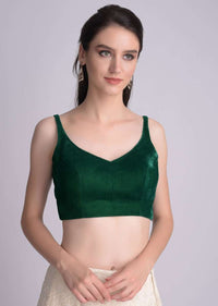 Forest Green Sleeveless Blouse In Velvet With Curved V Neckline