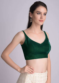 Forest Green Sleeveless Blouse In Velvet With Curved V Neckline