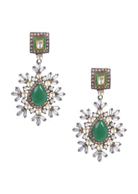 Forest Green Stone Stud Earrings With Kundan And Bugle Beads Online - Kalki Fashion