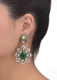Forest Green Stone Stud Earrings With Kundan And Bugle Beads Online - Kalki Fashion
