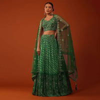 Forest Green Bandhani And Leheriya Printed Lehenga And Blouse Set In Silk