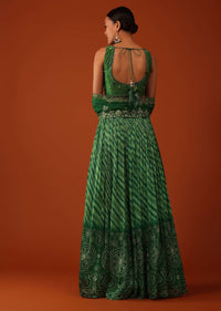 Forest Green Bandhani And Leheriya Printed Lehenga And Blouse Set In Silk