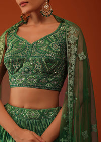 Forest Green Bandhani And Leheriya Printed Lehenga And Blouse Set In Silk