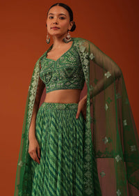 Forest Green Bandhani And Leheriya Printed Lehenga And Blouse Set In Silk