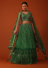 Forest Green Bandhani And Leheriya Printed Lehenga And Blouse Set In Silk