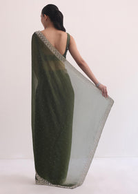 Forest Green Jacquard Saree In Cutdana Embroidery With Unstitched Blouse