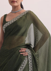 Forest Green Jacquard Saree In Cutdana Embroidery With Unstitched Blouse