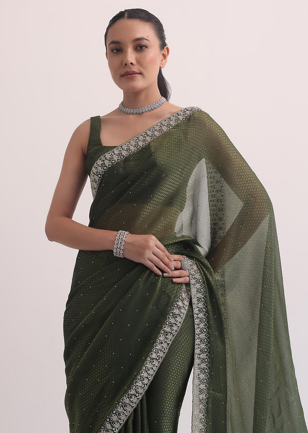 Forest Green Jacquard Saree In Cutdana Embroidery With Unstitched Blouse