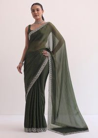 Forest Green Jacquard Saree In Cutdana Embroidery With Unstitched Blouse