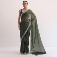 Forest Green Jacquard Saree In Cutdana Embroidery With Unstitched Blouse