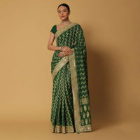 Forest Green Khadi Saree With Bandhani Weave And Unstitched Blouse Fabric