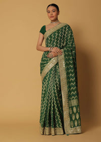 Forest Green Khadi Saree With Bandhani Weave And Unstitched Blouse Fabric