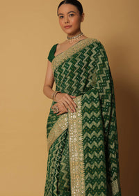 Forest Green Khadi Saree With Bandhani Weave And Unstitched Blouse Fabric