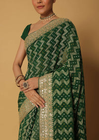 Forest Green Khadi Saree With Bandhani Weave And Unstitched Blouse Fabric