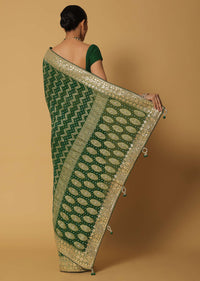 Forest Green Khadi Saree With Bandhani Weave And Unstitched Blouse Fabric