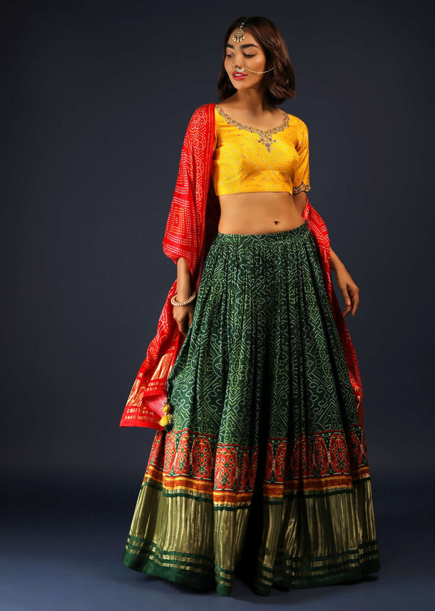 Forest Green Lehenga And Red Dupatta In Satin With Bandhani Print And Yellow Brocade Choli