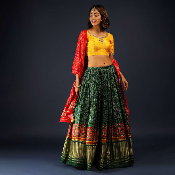 Forest Green Lehenga And Red Dupatta In Satin With Bandhani Print And Yellow Brocade Choli