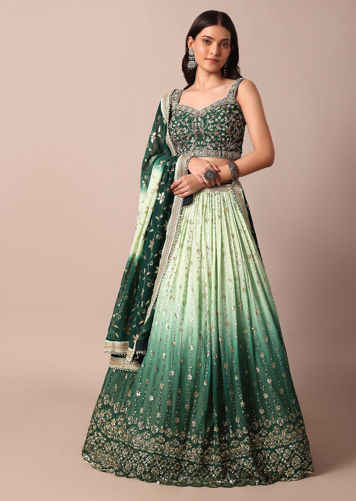 Forest Green Lehenga With Embroidered Choli And Sequin Dupatta Set