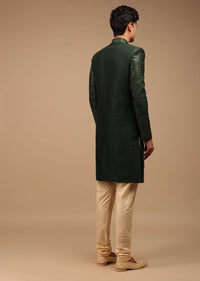 Forest Green Silk Sherwani With Sequins Work
