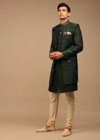 Forest Green Silk Sherwani With Sequins Work