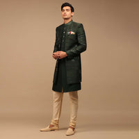 Forest Green Silk Sherwani With Sequins Work