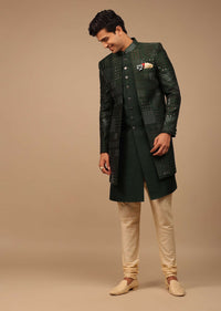 Forest Green Silk Sherwani With Sequins Work