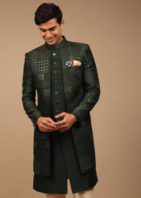 Forest Green Silk Sherwani With Sequins Work