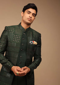 Forest Green Silk Sherwani With Sequins Work